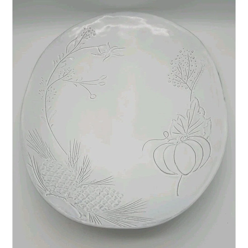 Sur La Table Platter Oval Embossed Pumpkin White Pine Branch Cone